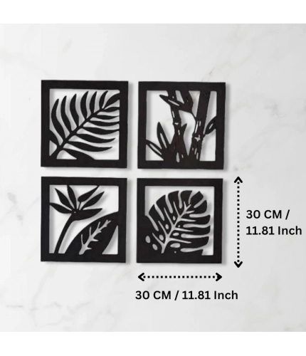 7 Decore Wooden 4 Pieces Square Tree Leaf Wall Art Panel Frame – Black (Big Size)