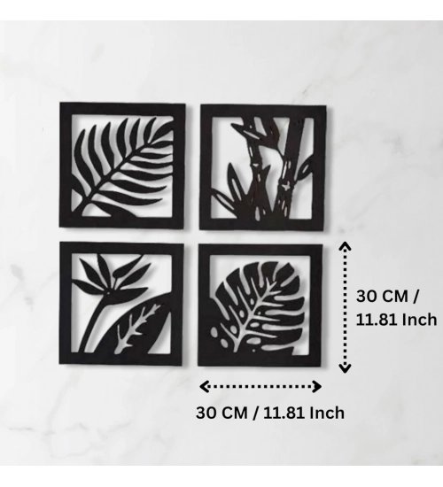 7 Decore Wooden 4 Pieces Square Tree Leaf Wall Art Panel Frame – Black (Big Size)