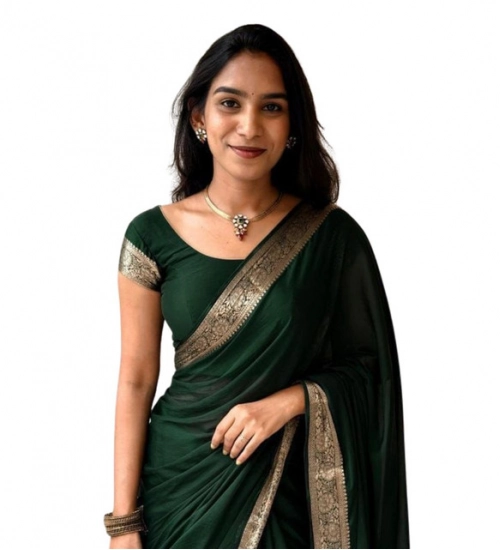 Women's Vichitra Silk Printed Saree With Unstitched Blouse 5.5Mtr (Green)