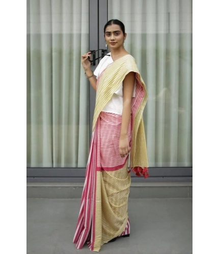 Women's Linen Printed Saree With Unstitched Blouse 5.5Mtr (Yellow)