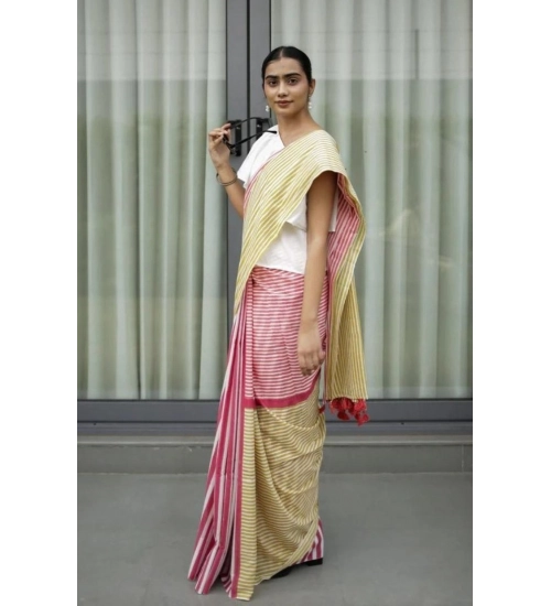 Women's Linen Printed Saree With Unstitched Blouse 5.5Mtr (Yellow)