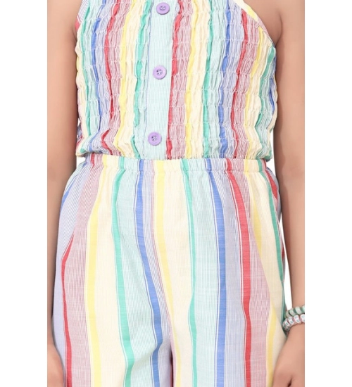 Girl's Polyester Cotton Blend Striped Sleeveless Jumpsuit (Multicolor)