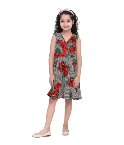 Girl's Polyester Crepe Floral Shoulder Straps Dress (Red)