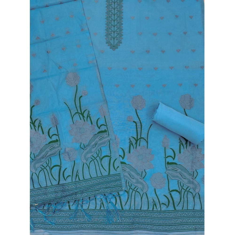 Women's Banarasi Silk Printed Unstitched Salwar Suit Material With Dupatta (SkyBlue, 3Mtrs)