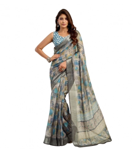 Women's Faux Linen Abstract Print Ready to wear Saree With Unstitched Blouse 5.5Mtr (Grey)