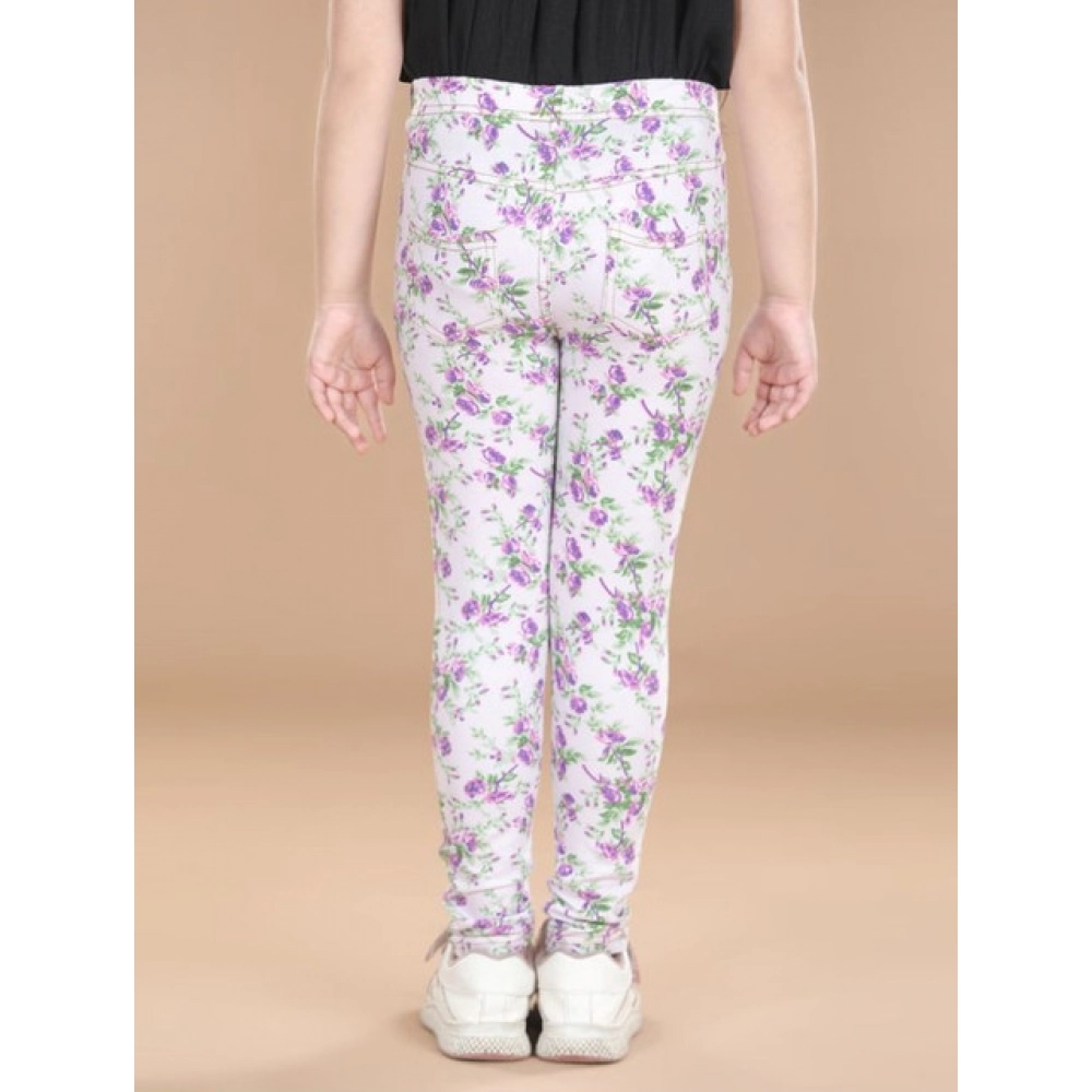 Girl's Cotton Lycra Floral Elasticated Jeggings (Lavender) Girl's Cotton Lycra Floral Elasticated Jeggings (Lavender)