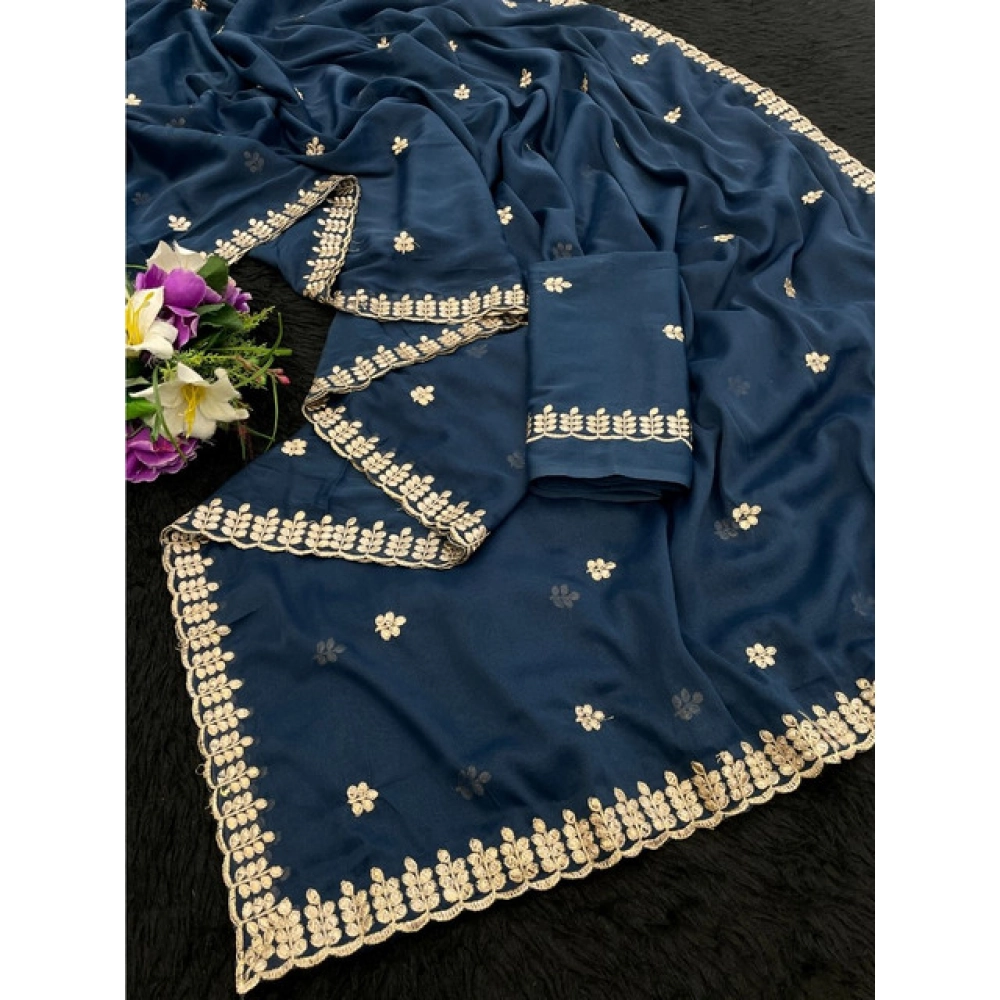 Women's Georgette Embroidered Saree With Unstitched Blouse 5.5Mtr (Blue)