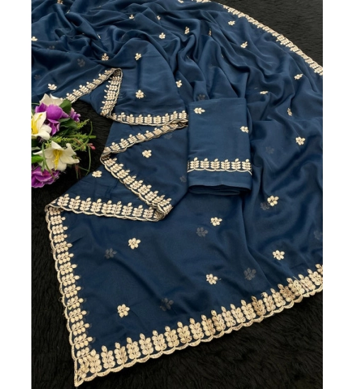 Women's Georgette Embroidered Saree With Unstitched Blouse 5.5Mtr (Blue)