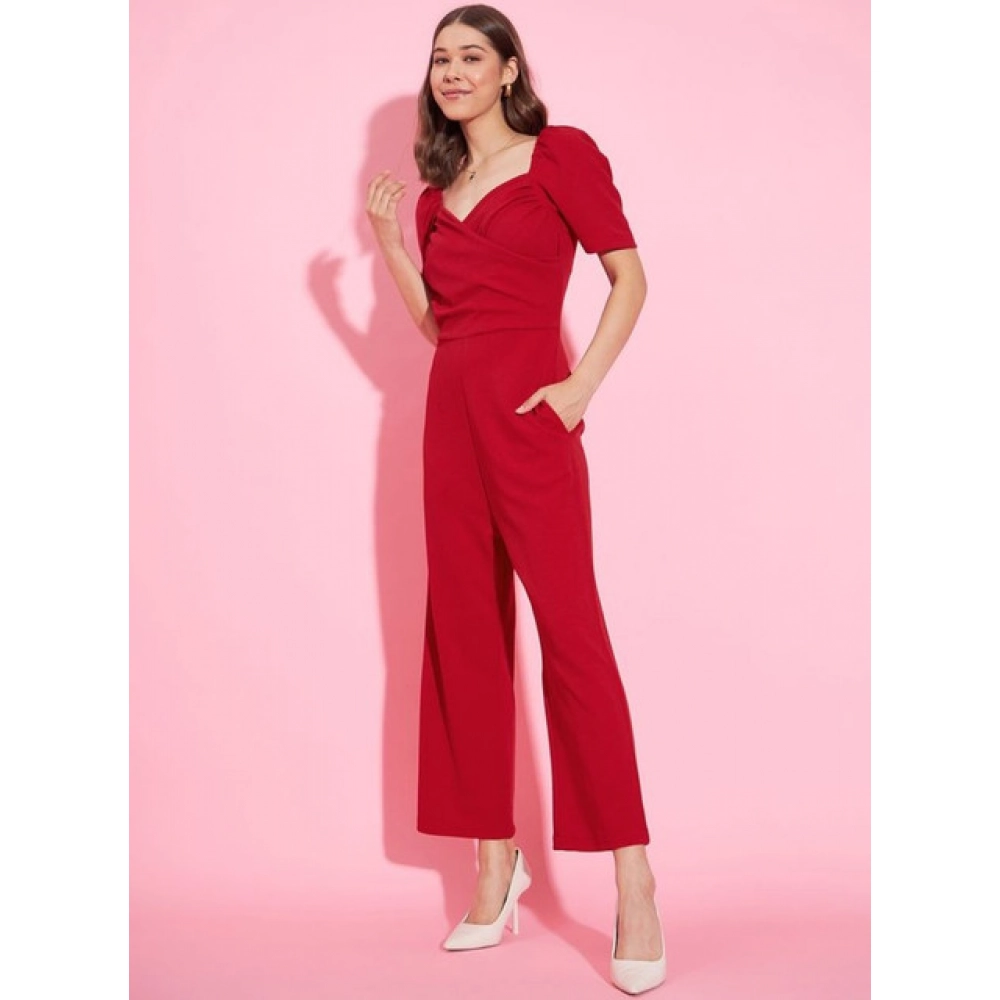 Women's Polyester Lycra Solid Puff Sleeve Jumpsuit (Red)