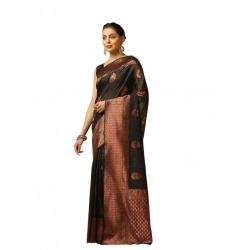 Women's Soft Lichi Silk Printed Saree With Unstitched Blouse 5.5Mtr (Black)