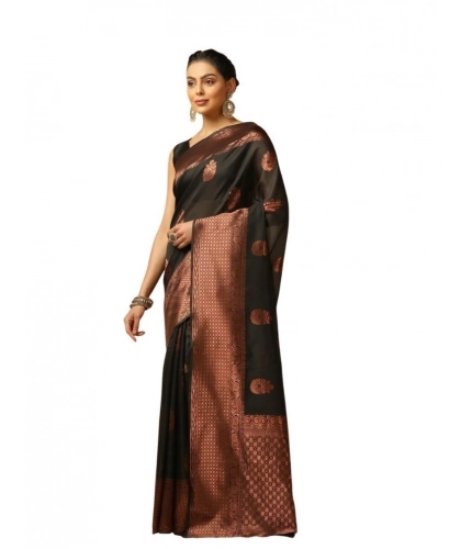 Women's Soft Lichi Silk Printed Saree With Unstitched Blouse 5.5Mtr (Black)