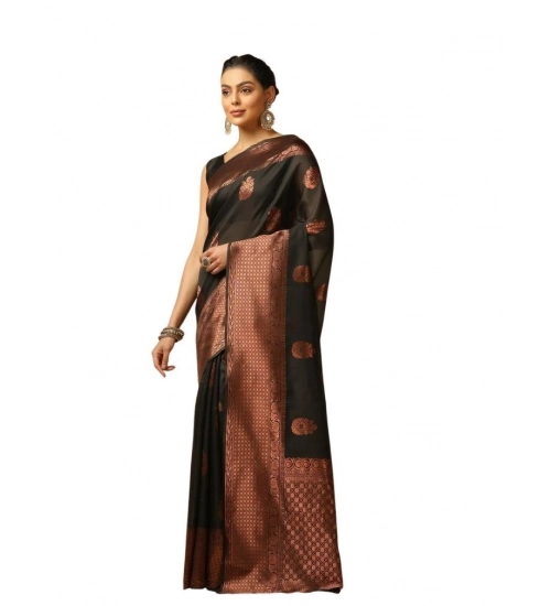 Women's Soft Lichi Silk Printed Saree With Unstitched Blouse 5.5Mtr (Black)