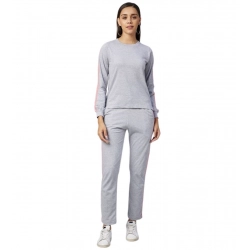 Women's Cotton Solid Long Sleeves Tracksuit (Light Grey - Pink)