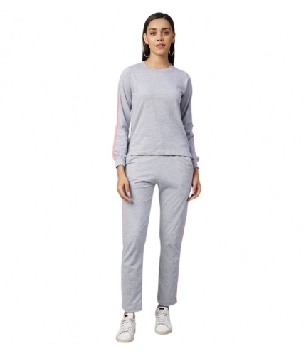 Women's Cotton Solid Long Sleeves Tracksuit (Light Grey - Pink)