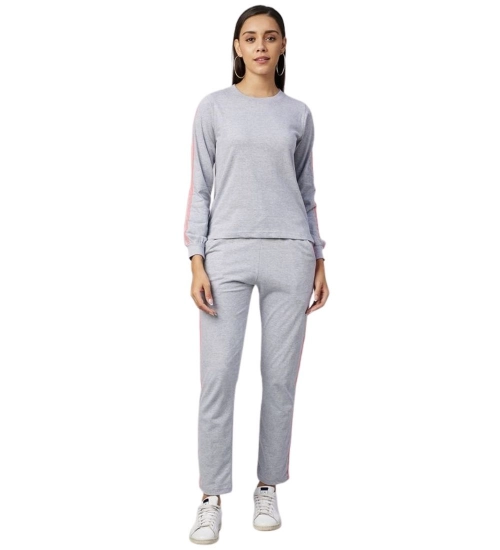 Women's Cotton Solid Long Sleeves Tracksuit (Light Grey - Pink)