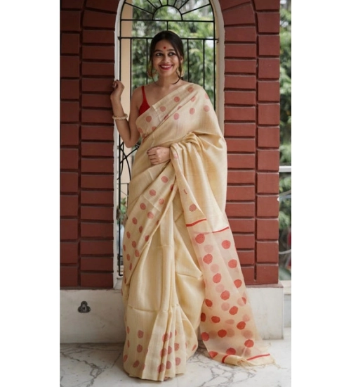Women's Soft Lilan Printed Saree With Unstitched Blouse 5.5Mtr (Cream)