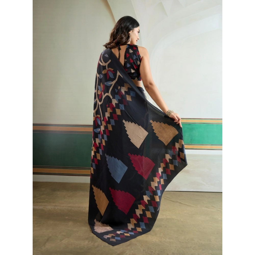 Women's Satin Crepe Printed Saree With Unstitched Blouse 5.5Mtr (Black)