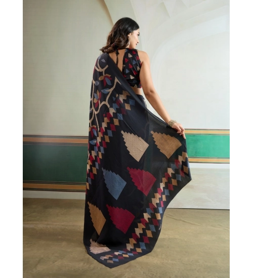 Women's Satin Crepe Printed Saree With Unstitched Blouse 5.5Mtr (Black)