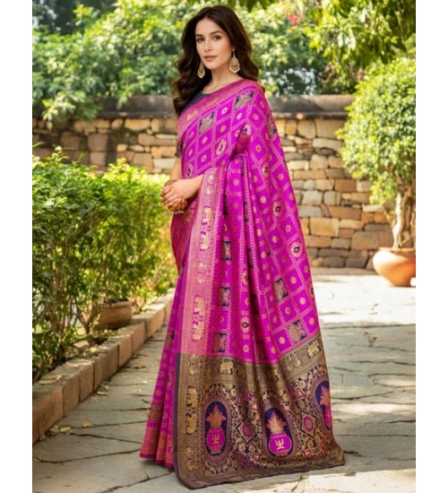 Women's Silk Blend Woven Zari Work Saree With Unstitched Blouse 5.5Mtr (Pink)
