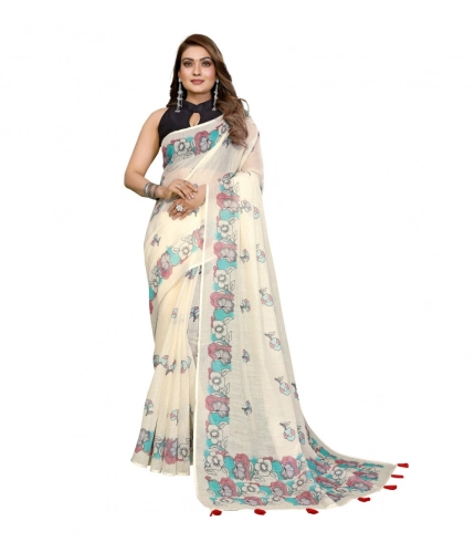 Women's Linen Cotton Printed Saree With Unstitched Blouse 5.5Mtr (Off White)