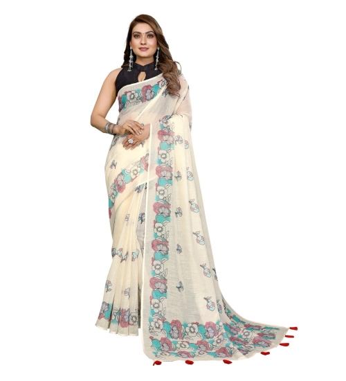 Women's Linen Cotton Printed Saree With Unstitched Blouse 5.5Mtr (Off White) Women's Linen Cotton Printed Saree With Unstitched Blouse 5.5Mtr (Off White)