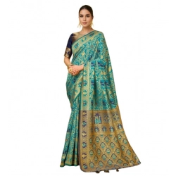 Women's Silk Blend Woven Paithani Saree With Unstitched Blouse 5.5Mtr (Rama)