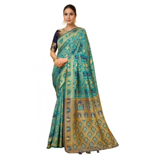 Women's Silk Blend Woven Paithani Saree With Unstitched Blouse 5.5Mtr (Rama)
