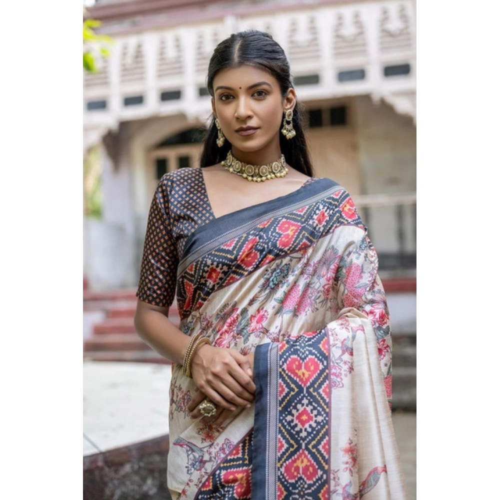 Women's Faux_Tussar Floral Jal With Patola Print Saree With Unstitched Blouse 5.5Mtr (Black) Women's Faux_Tussar Floral Jal With Patola Print Saree With Unstitched Blouse 5.5Mtr (Black)