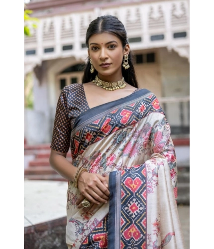 Women's Faux_Tussar Floral Jal With Patola Print Saree With Unstitched Blouse 5.5Mtr (Black)