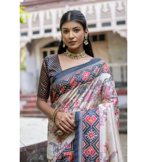 Women's Faux_Tussar Floral Jal With Patola Print Saree With Unstitched Blouse 5.5Mtr (Black)