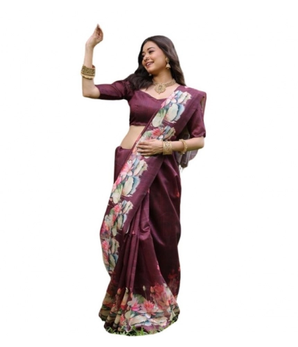 Women's Faux_Tussar Floral Saree With Unstitched Blouse 5.5Mtr (Purple) Women's Faux_Tussar Floral Saree With Unstitched Blouse 5.5Mtr (Purple)