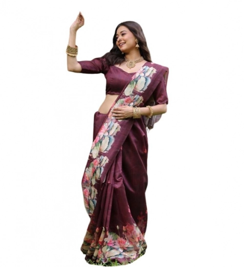 Women's Faux_Tussar Floral Saree With Unstitched Blouse 5.5Mtr (Purple)