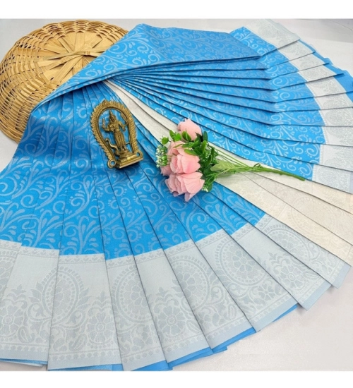 Women's Soft Silk Printed Saree With Unstitched Blouse 5.5Mtr (Sky Blue)