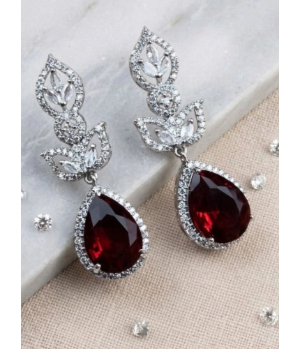 Women's Brass Silver Plated Drop Earrings (Red)