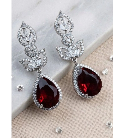 Women's Brass Silver Plated Drop Earrings (Red)