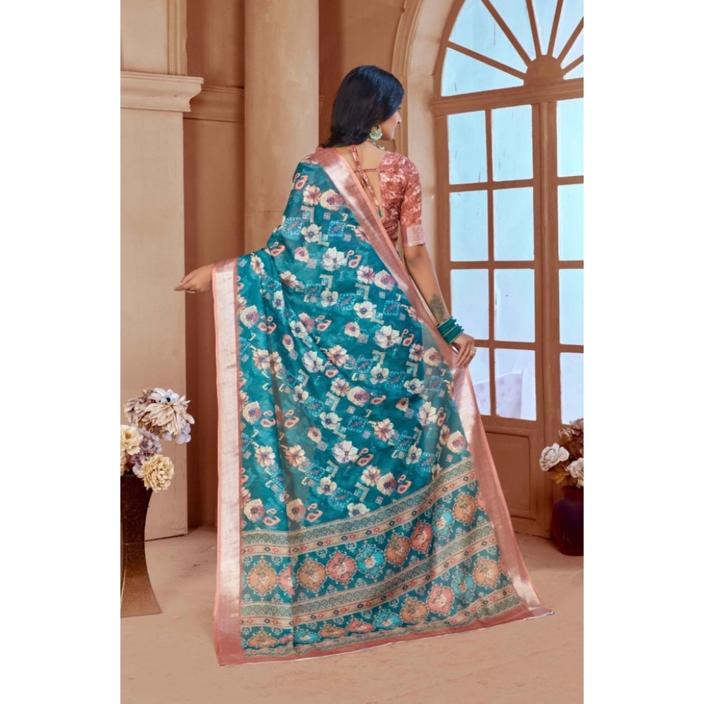 Women's Printed Cotton Linen Saree withPrinted Saree With Unstitched Blouse (Peacook Green, 5-6Mtrs) Women's Printed Cotton Linen Saree withPrinted Saree With Unstitched Blouse (Peacook Green, 5-6Mtrs)