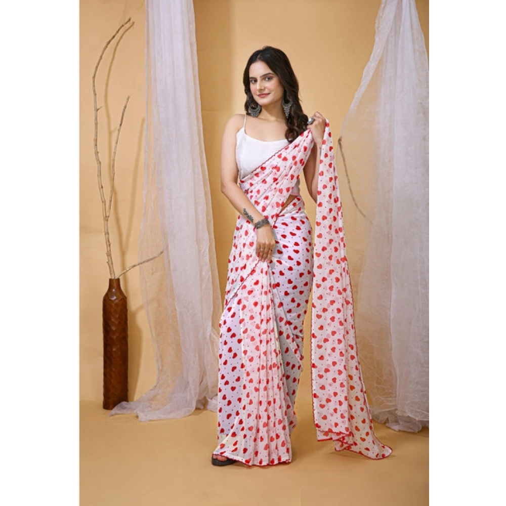 Women's Georgette Printed Saree With Unstitched Blouse 5.5Mtr (White-Red) Women's Georgette Printed Saree With Unstitched Blouse 5.5Mtr (White-Red)