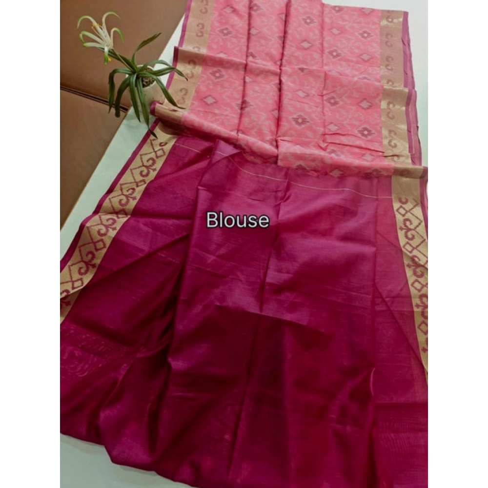 Women's Raw Silk Ikkat Saree With Unstitched Blouse 5.5Mtr (Pink)