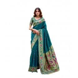 Women's Silk Blend Woven Saree With Unstitched Blouse 5.5 Mtr (Teal)