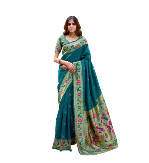 Women's Silk Blend Woven Saree With Unstitched Blouse 5.5 Mtr (Teal)