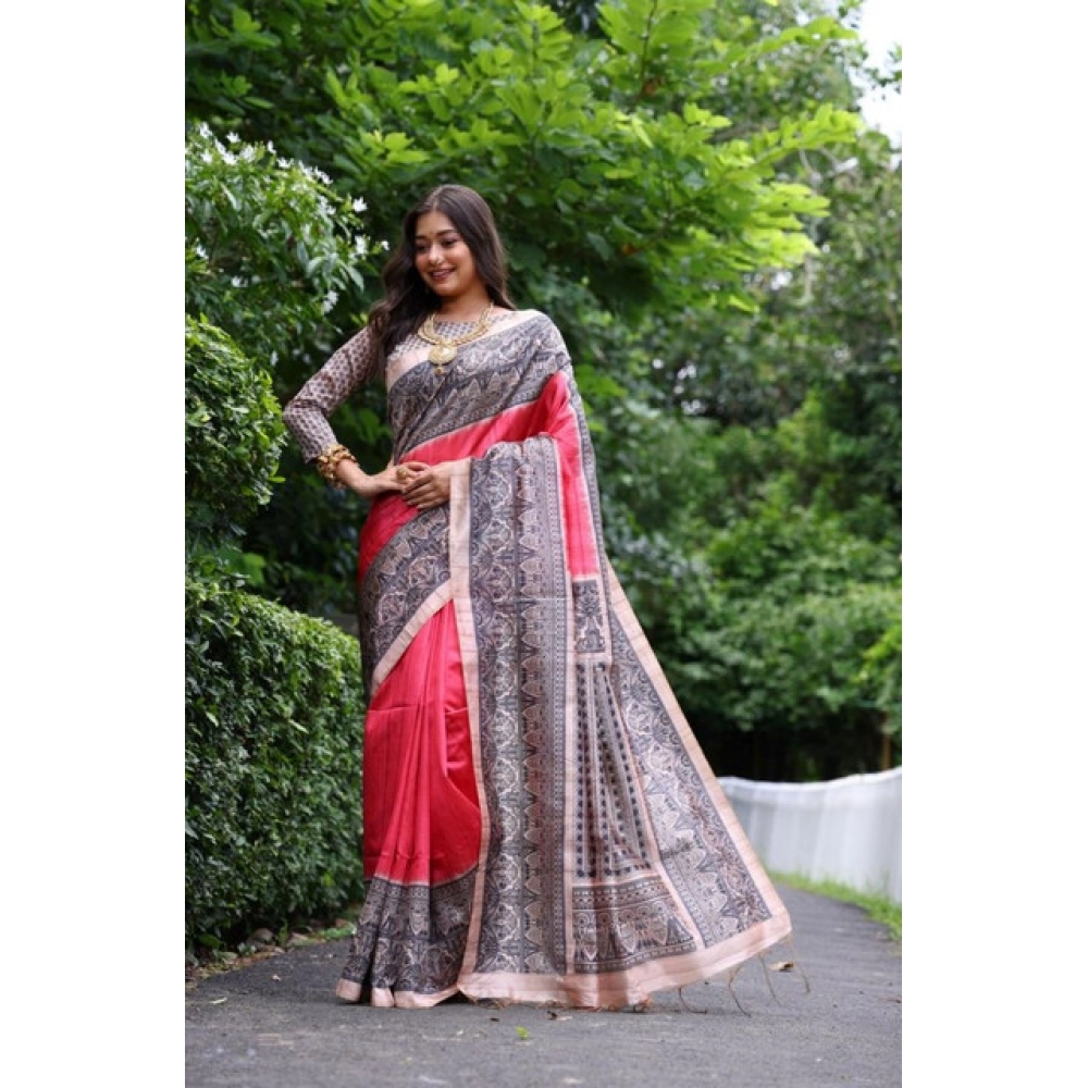 Women's Faux_Tussar Ethnic_Print Saree With Unstitched Blouse 5.5Mtr (Red) Women's Faux_Tussar Ethnic_Print Saree With Unstitched Blouse 5.5Mtr (Red)
