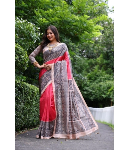 Women's Faux_Tussar Ethnic_Print Saree With Unstitched Blouse 5.5Mtr (Red)