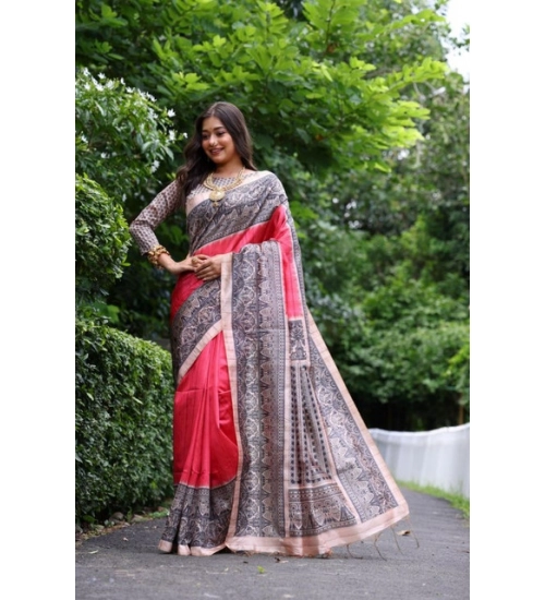 Women's Faux_Tussar Ethnic_Print Saree With Unstitched Blouse 5.5Mtr (Red)
