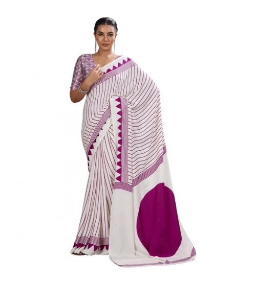 Women's Satin Crepe Printed Saree With Unstitched Blouse 5.5Mtr (White)