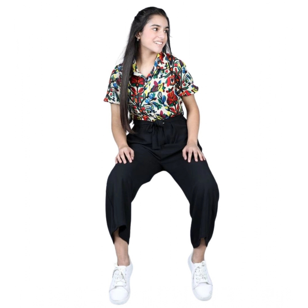 Girl's Polyester Printed Short Sleeves Jumpsuit (Multicolor-Black)