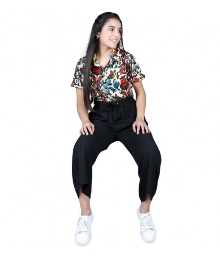 Girl's Polyester Printed Short Sleeves Jumpsuit (Multicolor-Black)
