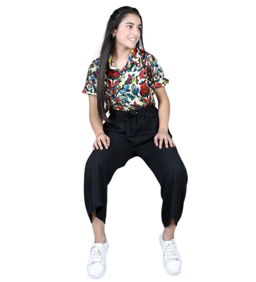 Girl's Polyester Printed Short Sleeves Jumpsuit (Multicolor-Black)
