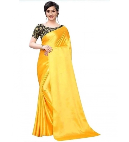 Women's Satin Solid Saree With Unstitched Blouse 5.5Mtr (Yellow)