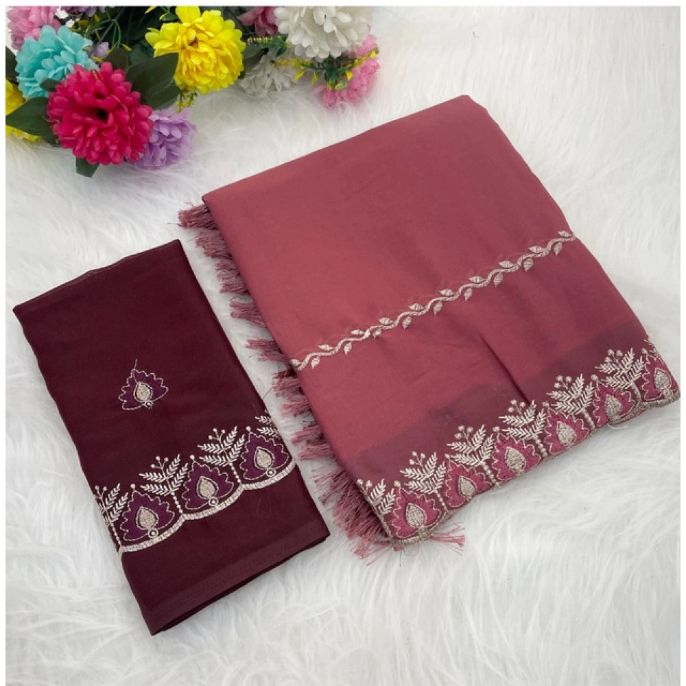 Women's Georgette Embroidered Saree With Unstitched Blouse 5.5Mtr (Red)