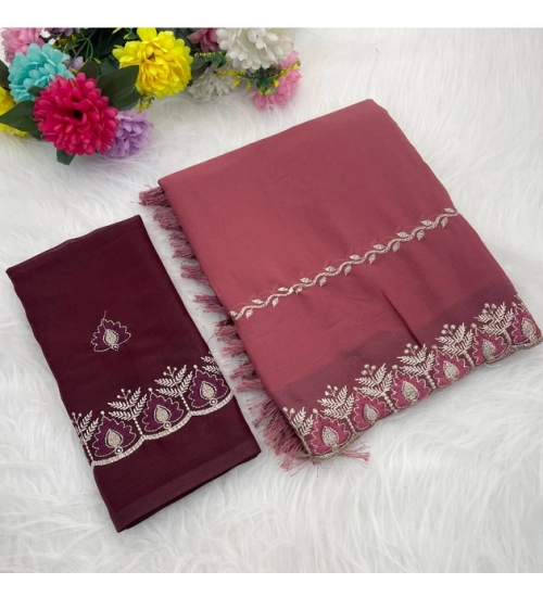 Women's Georgette Embroidered Saree With Unstitched Blouse 5.5Mtr (Red)